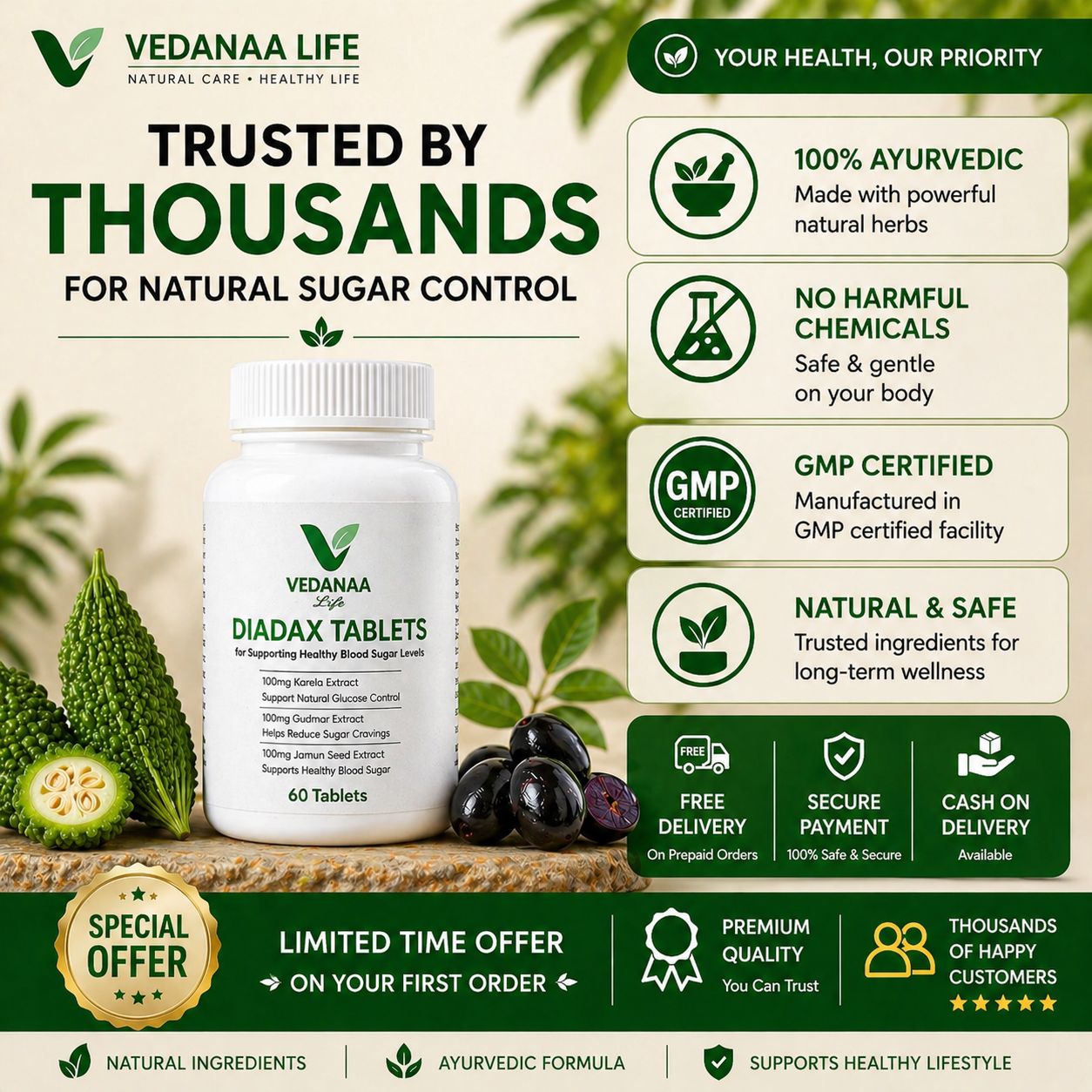 VEDANAA LIFE Diadax Tablets – Natural Diabetes Care Tablets (60 Tablets)
